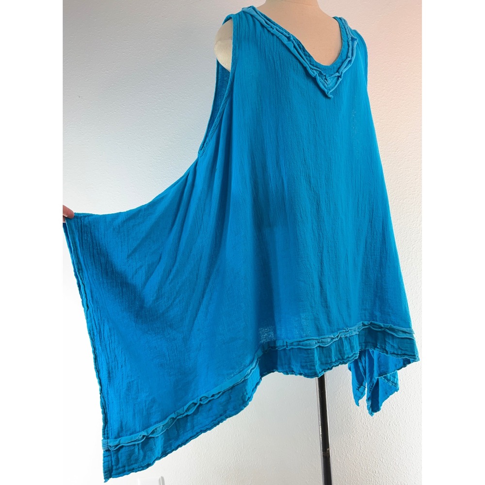 Oh My Gauze! Aqua Blue Tunic Top Cover Up Asymmetrical Hem Boho Lagenlook L/XL